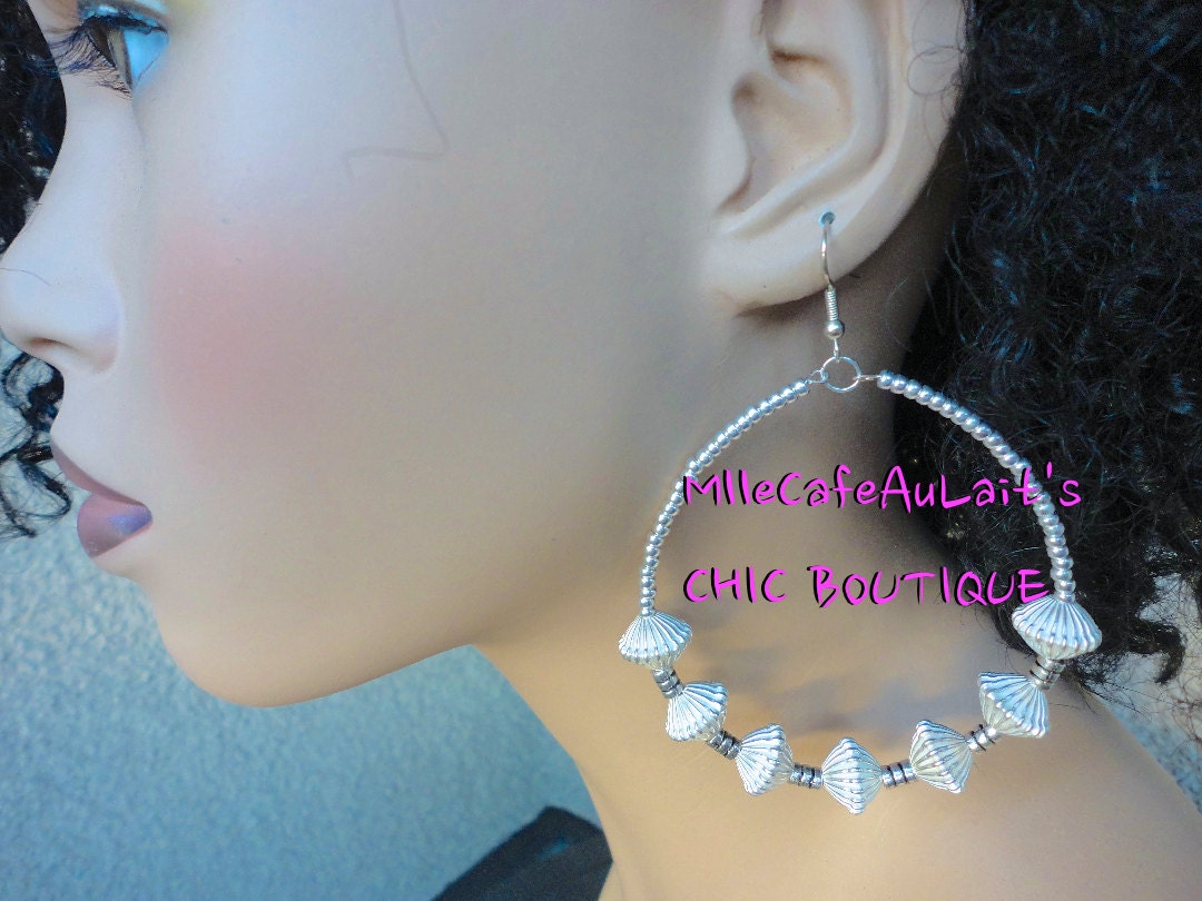 Textured German Silver Bi Cone Beaded Dangle Hoop Earrings - SAHARA NIGHTS