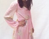 Vintage 70S Pink Floral Sheer Ellesse Dress Sm Med Bohemian Sweet Romantic Festival
