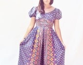 15% off Memorial Day Sale Vintage 70s Boho Jumpsuit Dress XS S Peasant Print Gauzy Gauze Dress Puff Sleeves Provencal Print
