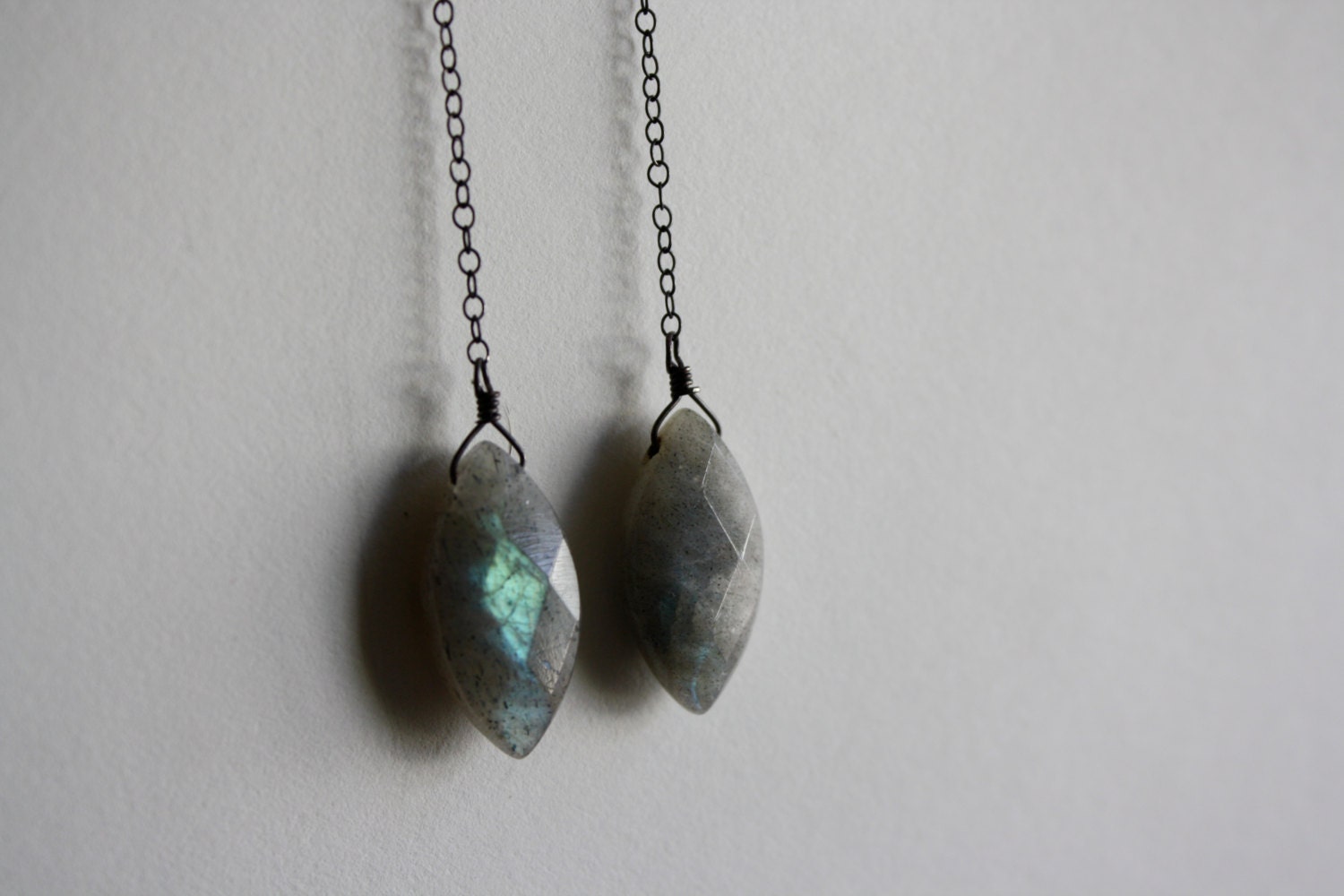 Long Labradorite Drop on Oxidized Silver Chain Earrings