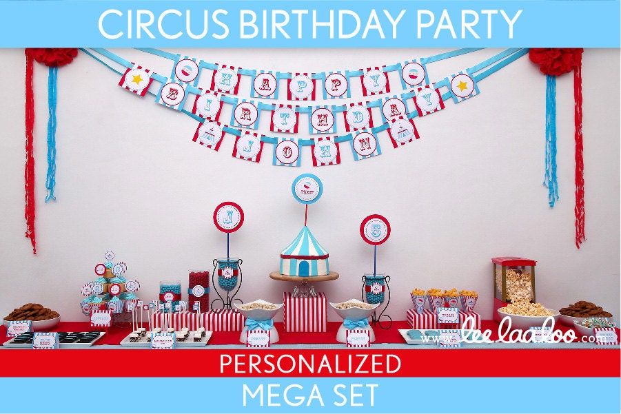 Circus Birthday Party Package Collection Set Mega Personalized Printable // Circus Blue - B13Pz2