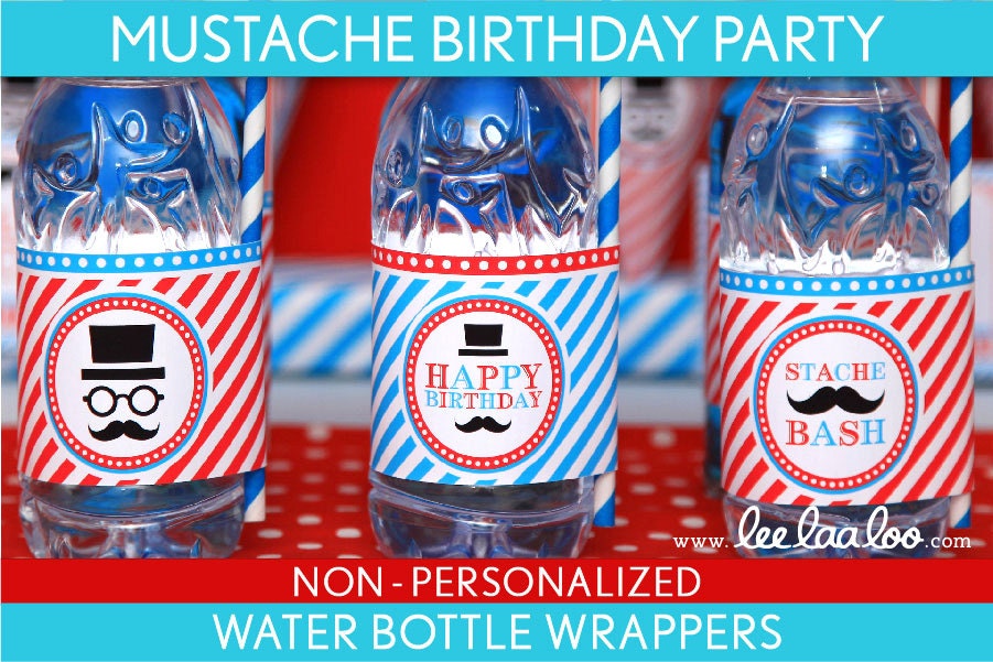 Mustache Bash Party Little Man Birthday Party - Water Bottle Wrappers & Bonus: Straw Flags NonPersonalized Printable // Mustache - B34Ne