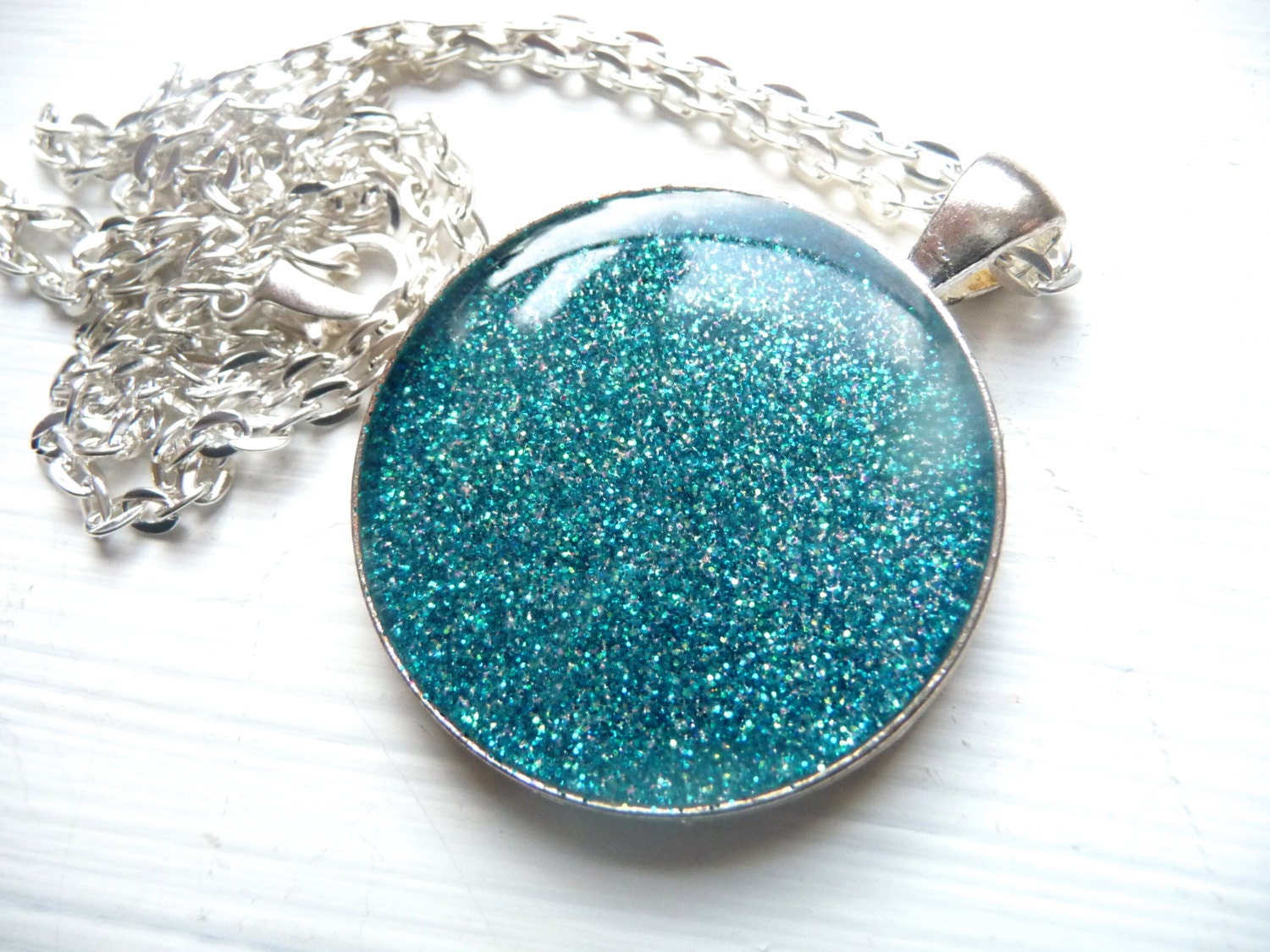Blue Teal Glitter Resin Pendant on 24 inch Silver Chain