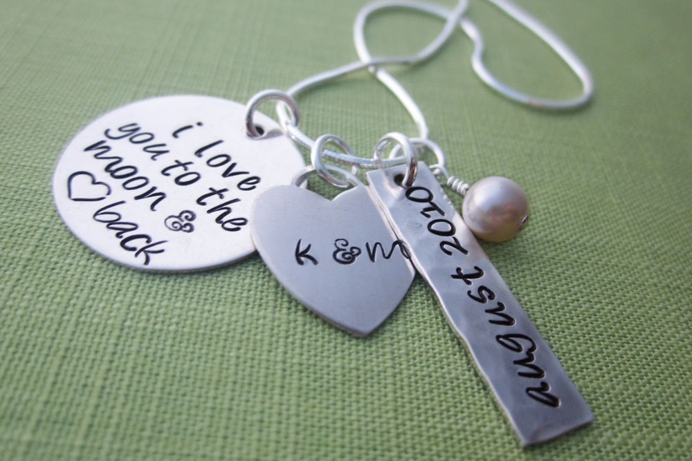 I Love You to the Moon & Back Necklace - Sterling Silver - Personalized Wedding Jewelry - Initials and Wedding Date