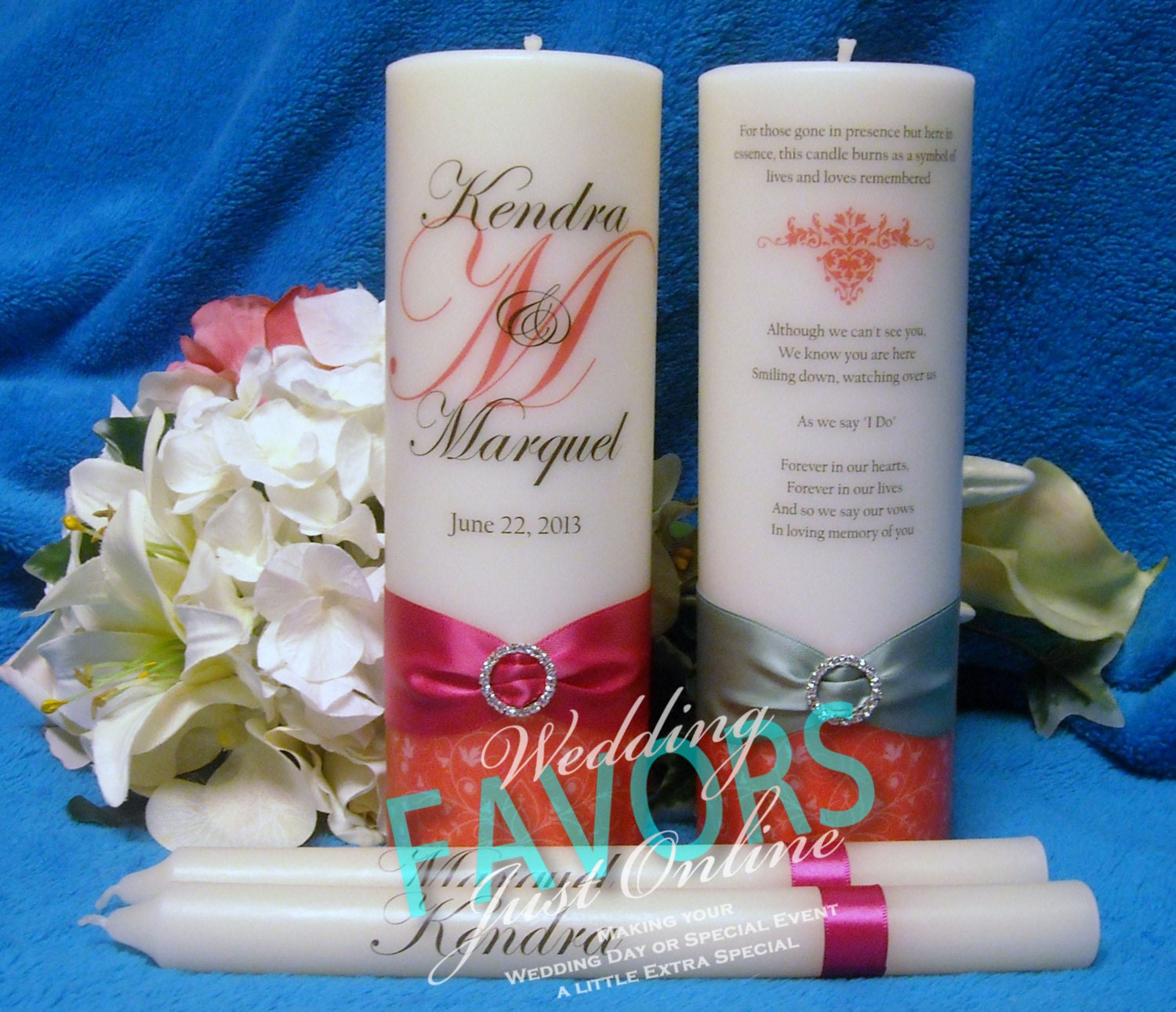 Unity Candle Set with Memorial Candle Personalized Swirl Design - 16 colors available