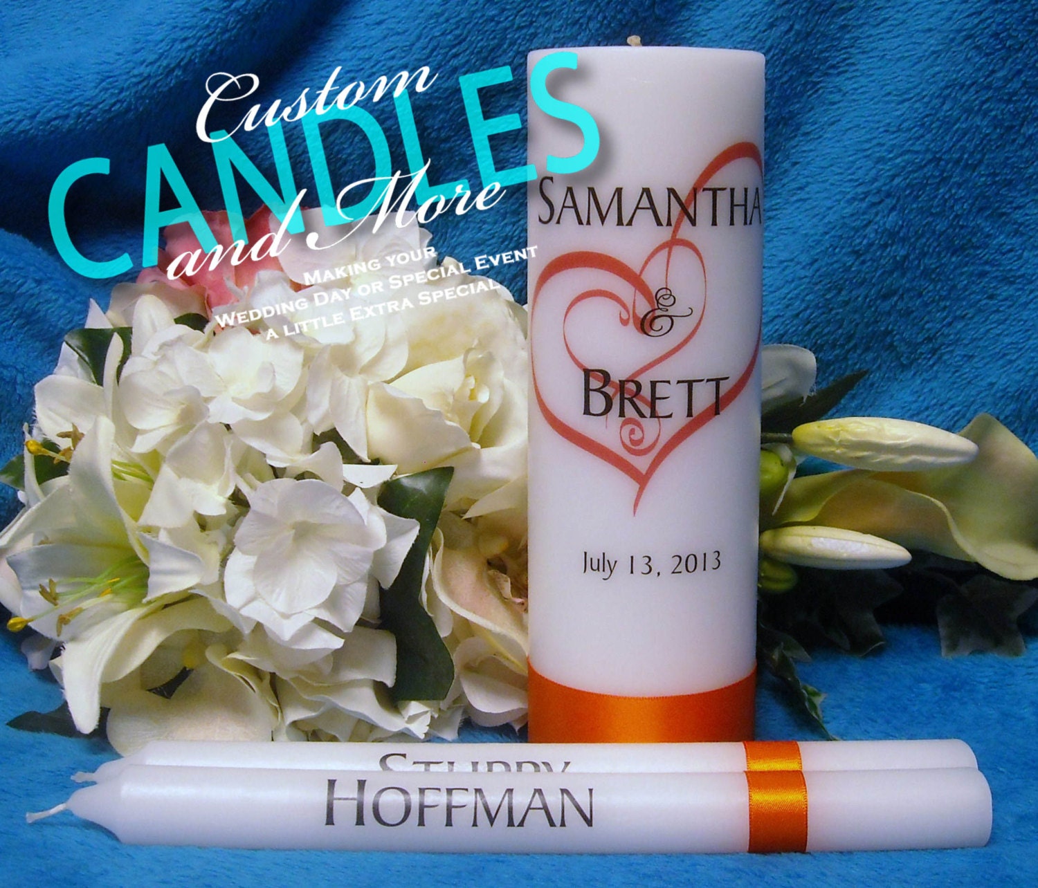 Unity Candle With Tapers Heart Design Personalized - Your choice of color