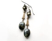 Tiger Eye Earrings, Black Earrings, Long Beaded Earrings, Beadwork, Dangles, Art Deco
