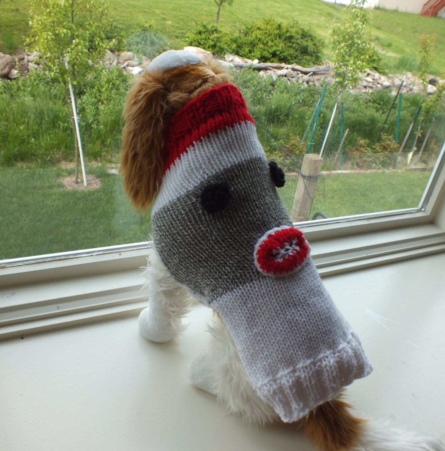 Dog Sweater Hand Knit Sock Monkey Medium 15 inches long