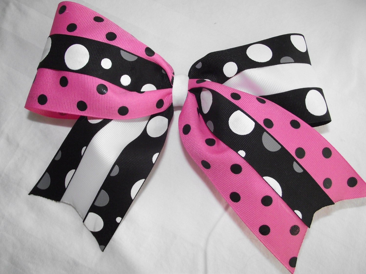 8" Pink, White, Grey & Black Polka Dot Cheer Style Bow 3" Wide Ribbon
