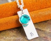 Personalized Sterling Silver Hand Stamped Jewelry - Mini Vertical Tag Necklace with Swarovski Crystal Birthstone - Just One Letter