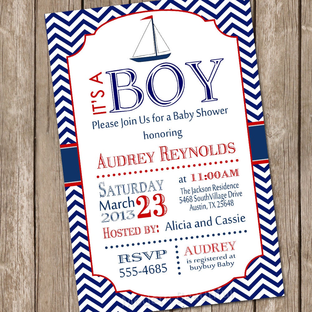 Chevron sailboat baby shower invitation, red, blue, sailboat, nautical, digital file Il_170x135