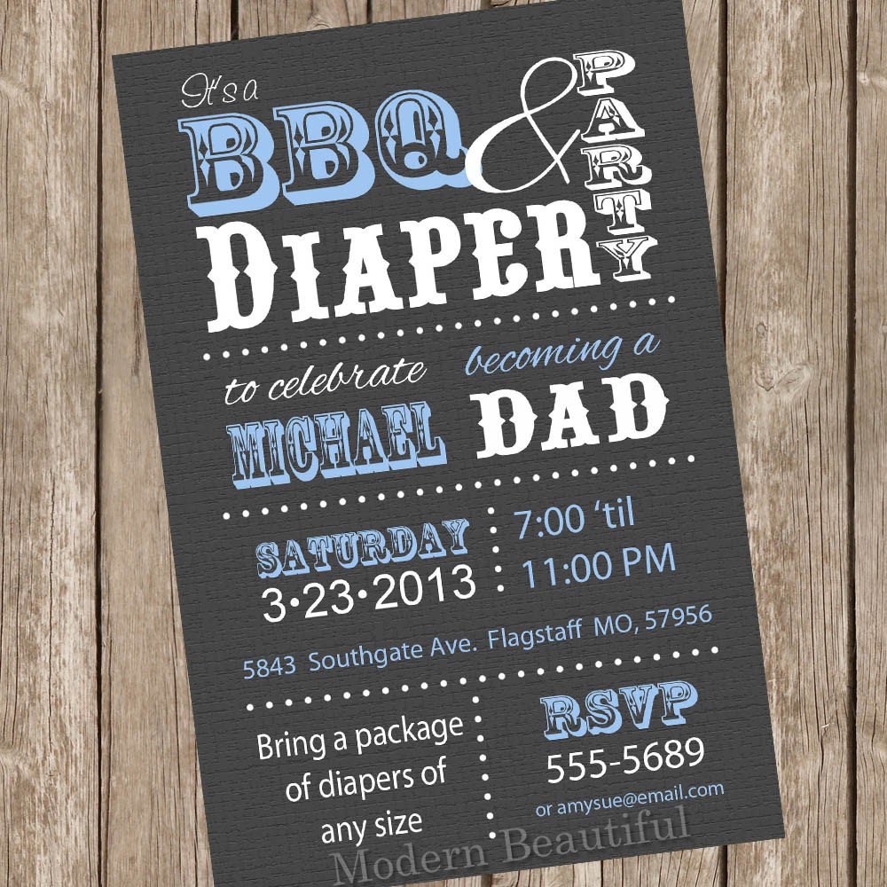 BBQ and Diaper Baby Shower Invitation Grey and Blue Dad Diaper Invitation Party Printable Personalized Il_170x135