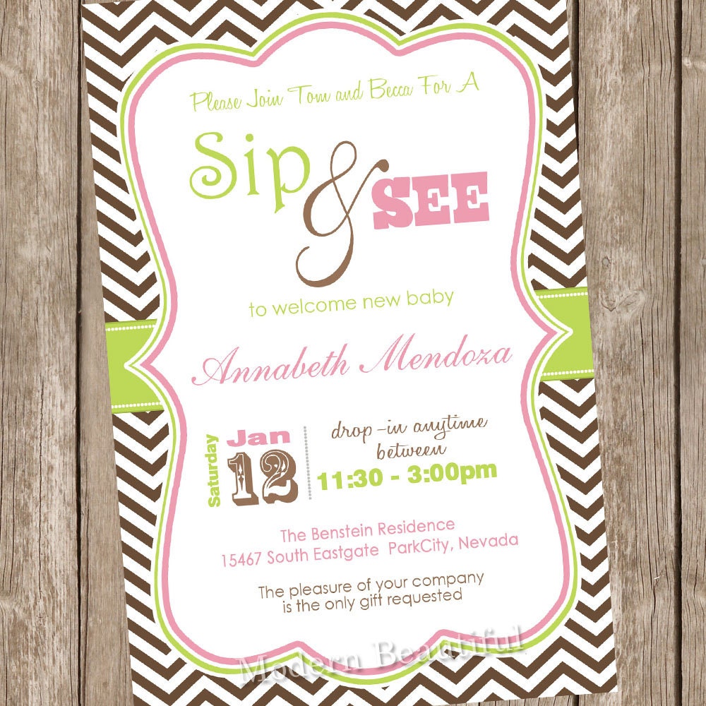 Baby girl sip and see invitation, chevron baby shower invitation, lime green, pink, digital, printable 20121228-K1-1F Il_170x135