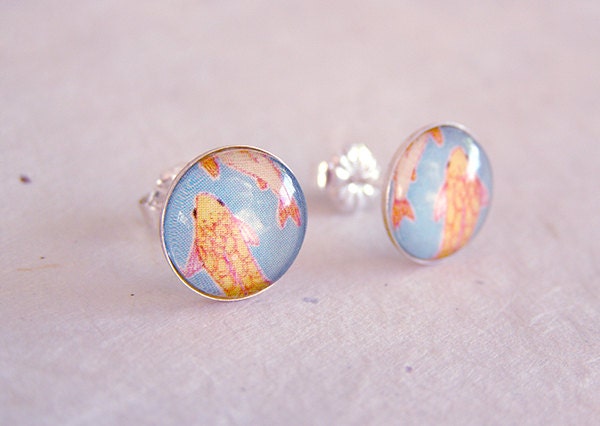 Koi Fish Post 925 Sterling Silver Earrings 10mm Bezel
