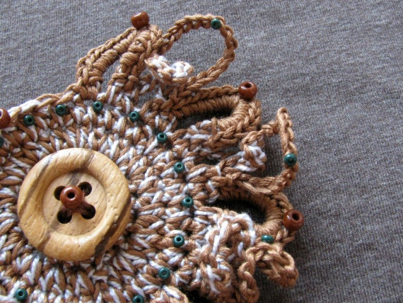Crochet rustic flower brooch wood brown green cream beige earthy natural