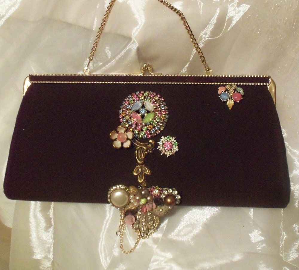 Bejeweled Clutch, Formal Purse, upcycled vintage handbag adorned with vintage jewelry.