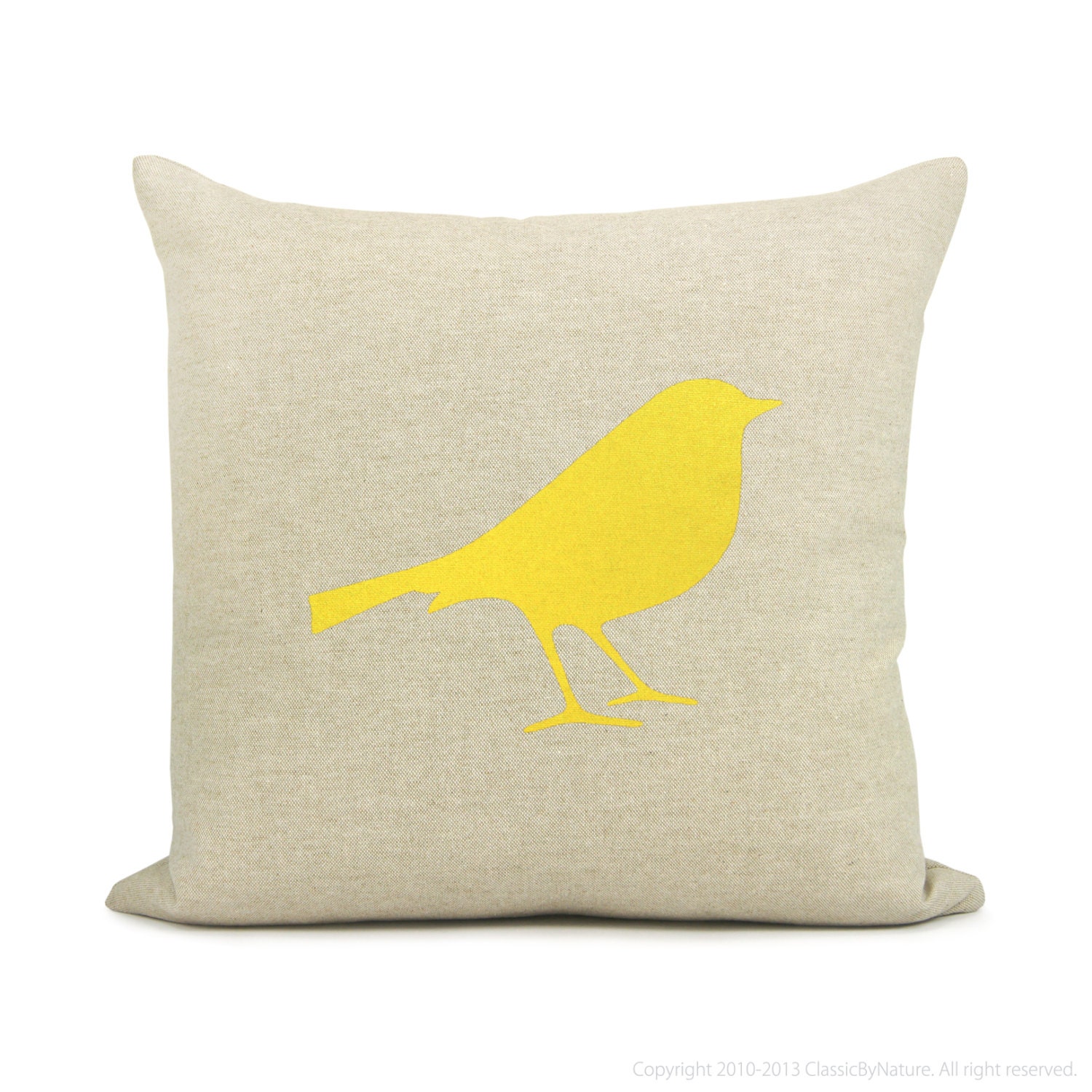 16x16 decorative pillow cover - Bird pillow cover - Natural beige accent pillow cover with bright yellow bird print