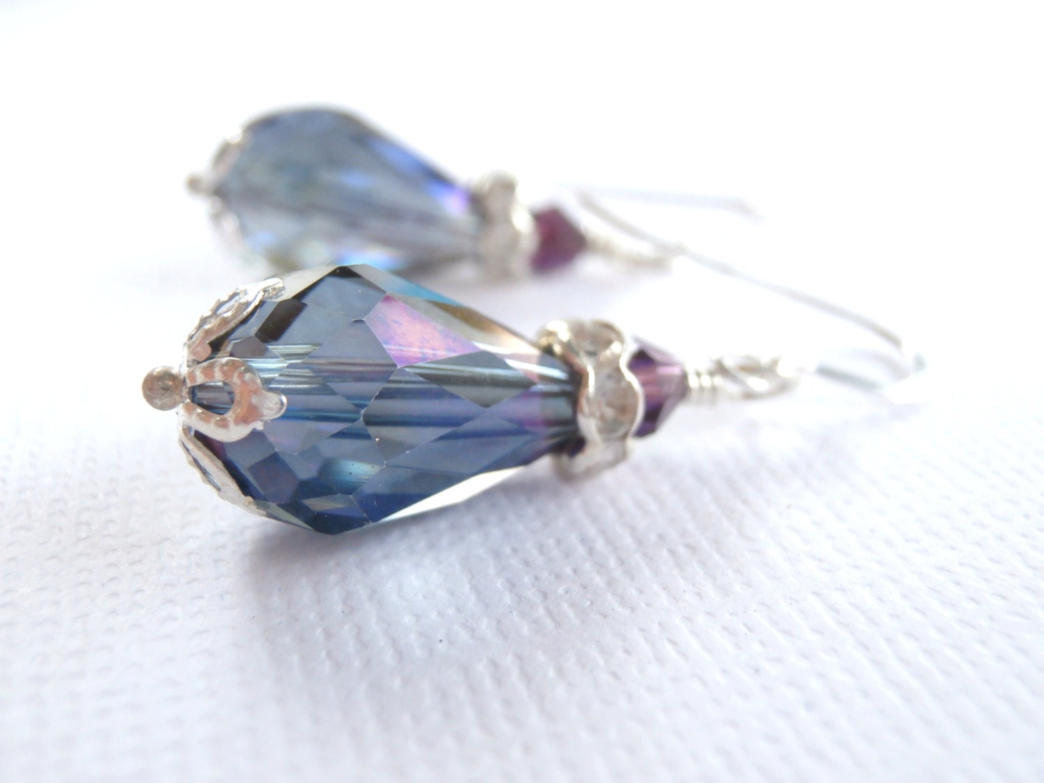 Purple Crystal Drop Earrings, Rhinestone, Wedding Jewelry, Bridemaid Jewelry, February Birthstone, Sterling Silver, Blue, Violet, Lilac