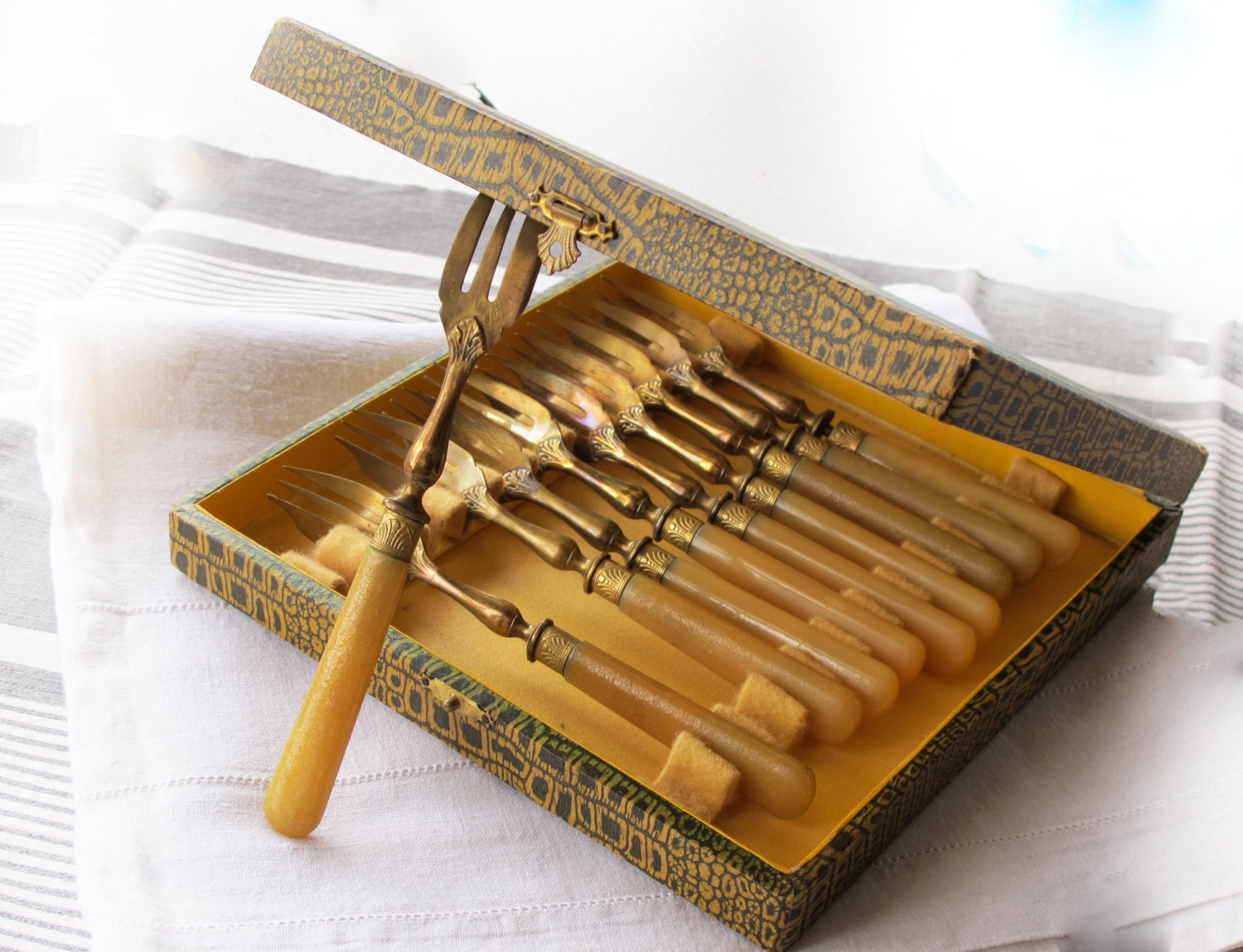 set of 10 french vintage seafood forks, dessert forks in their original  box