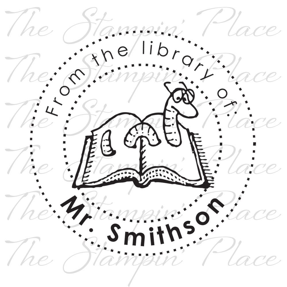 Personalized Custom Stamp - Bookworm From the library of - Knob Mount/Rubber Stamp PK220