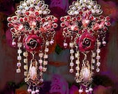 Exotic Red Rose Chandelier Earrings-  Swarovski Jewels, Crystal Rhinestones, Victorian Crystal Fan Earrings Large, Fancy- MTO