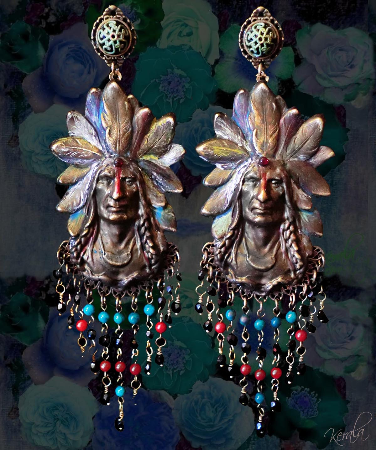 Native American Indian Beaded Tribal Earrings, Teal, Red and Black Large Statement Earrings, American Indian, Ethnic Jewelry, Hand-Painted