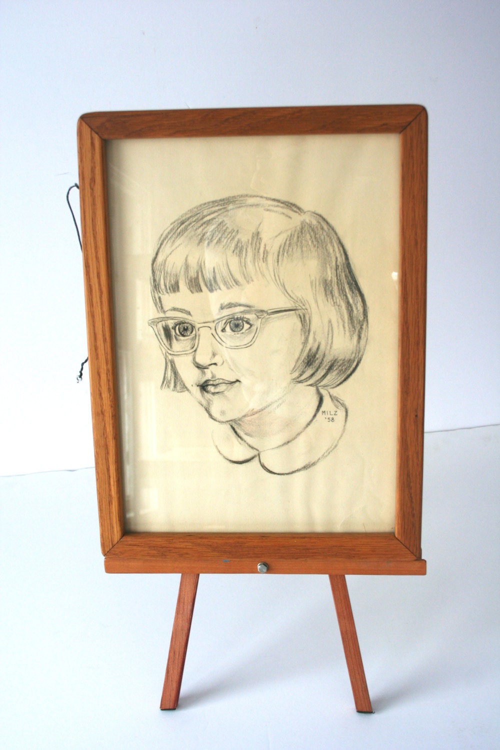 Vintage Portrait Drawing: 1950s Young Girl with Glasses