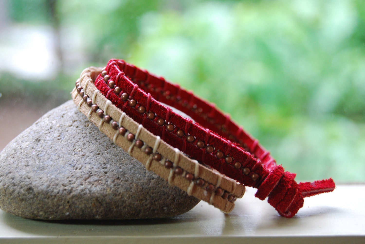 Suede wrap bracelets in red and beige - a set