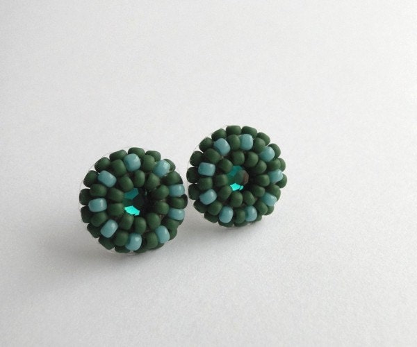 Emerald green stud earrings turquoise swarovski crystal hand embroidered