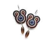 Denim blue swarovski dangle earrings nautical statement hand embroidered soutache earrings