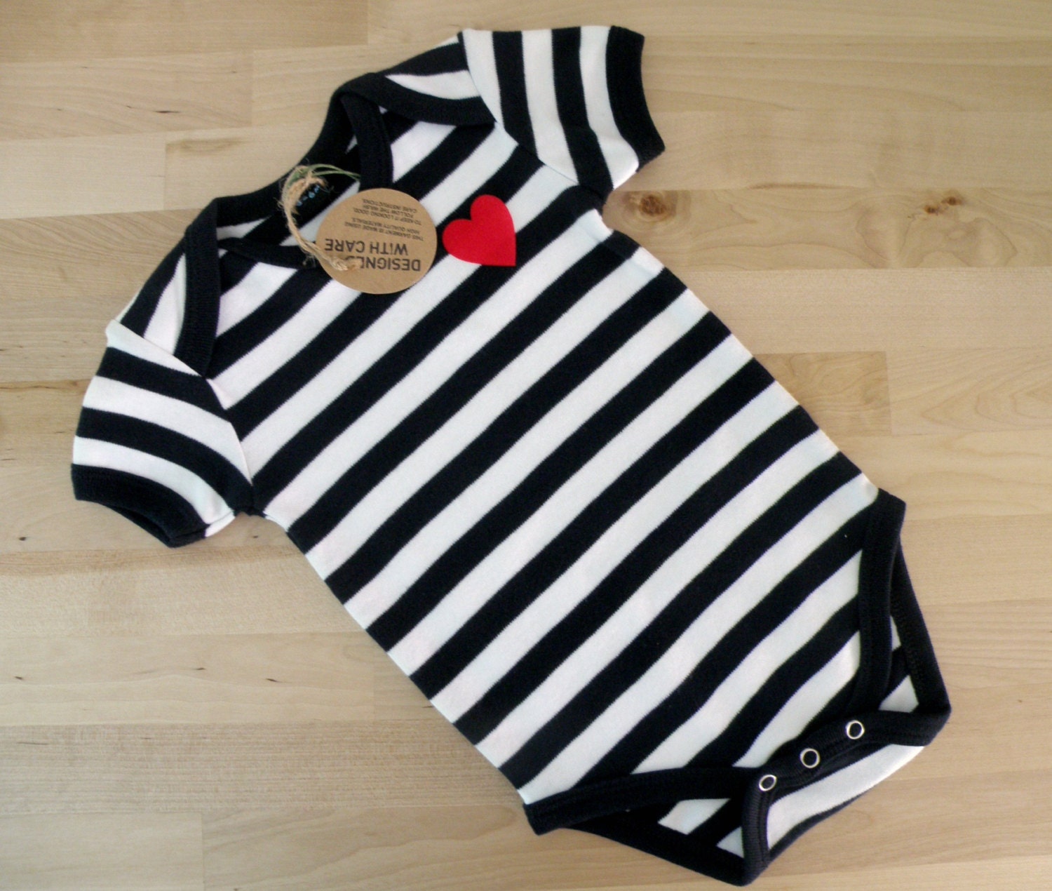 Baby Striped Bodysuit with sweet velvet Heart, Black and white striped onesie