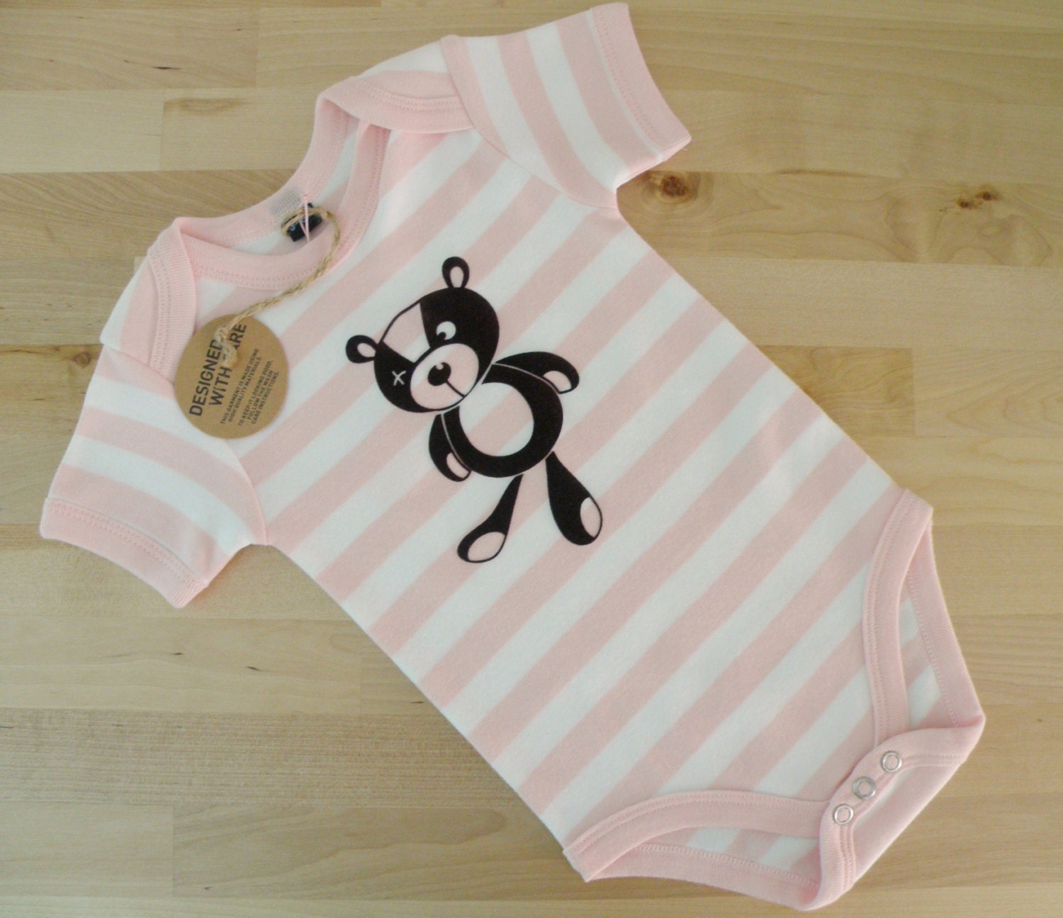 Baby Girl bodysuit with sweet Teddy Bear velvet applique, pink striped onesie