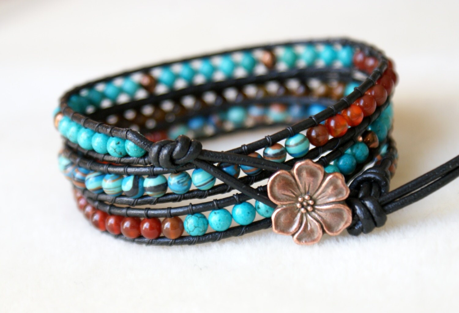Colorful Gemstones Bohemian beaded leather wrap bracelet, triple, Chan Luu style, turquoise, tiger eye, brown, carnelian, blue, flower