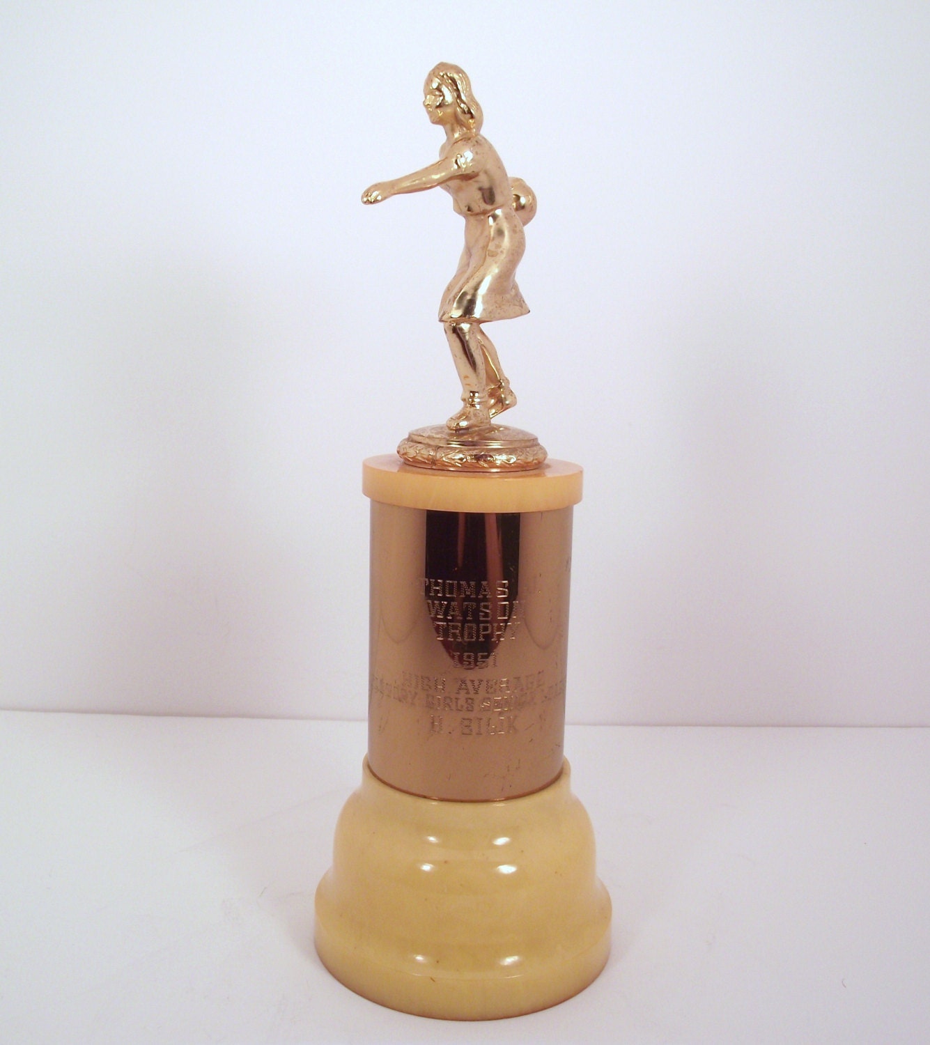 Vintage 1951 Bakelite/Catalin & Brass Women's Bowling Trophy IBM Country Club Beautiful Vintage Condition