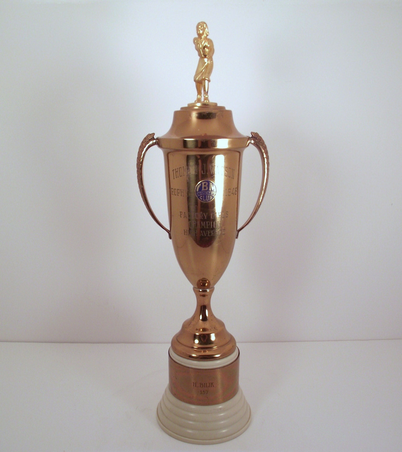 Vintage 1948 Ivory Plaskon & Brass Women's Bowling Loving Cup Trophy IBM Country Club Beautiful Vintage Condition