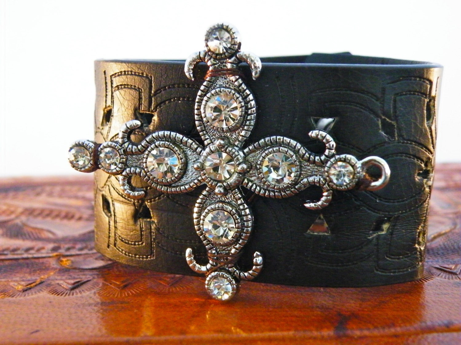 Rhinestone Cross Leather Cuff on Cut Out Embossed Leather/ Cowgirl/ Upcycled/ Boho Eco Chic/ OOAK/ Free Shipping
