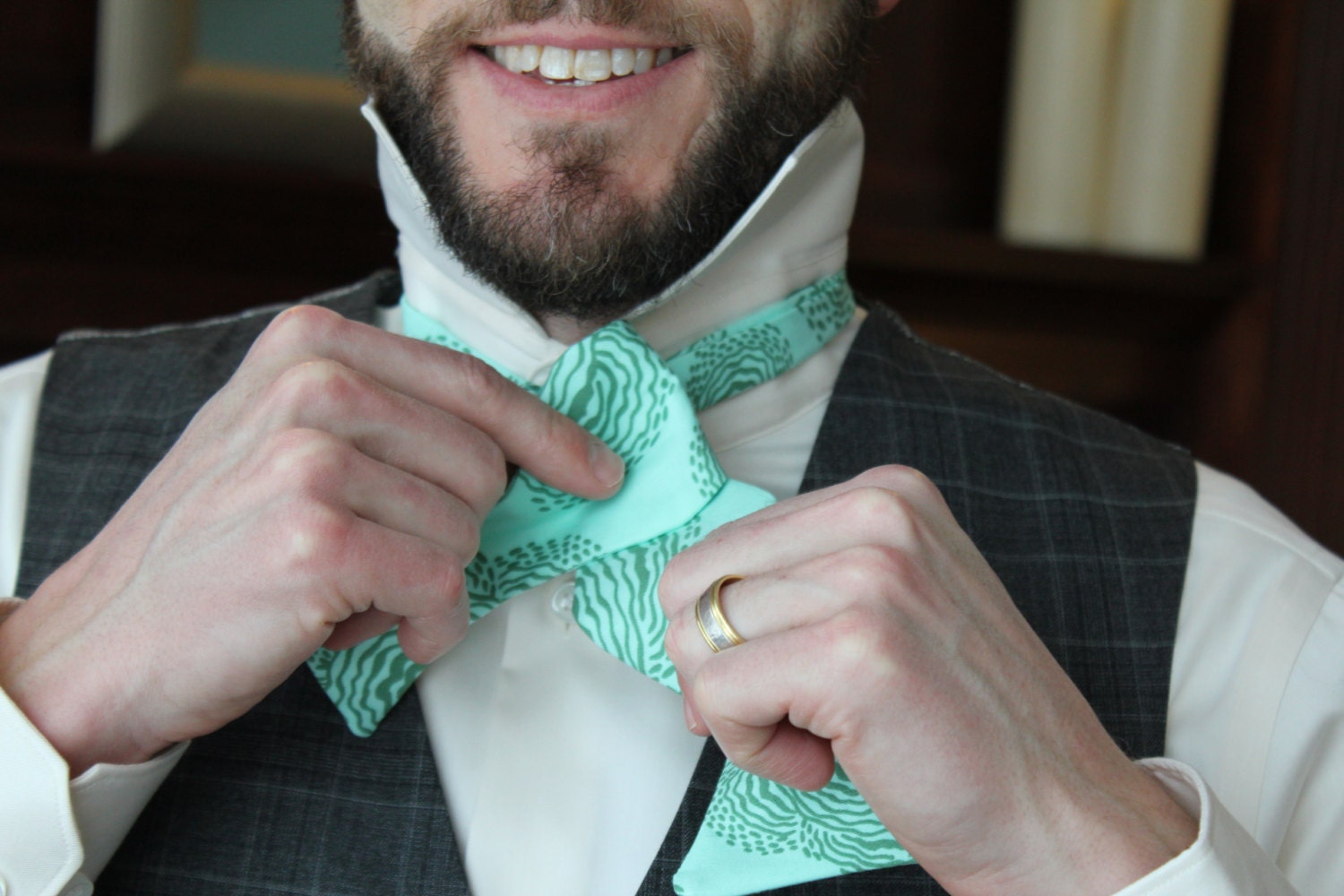 Men's Bow Tie in Turquoise Floating Buds- Custom fit self tying - freestyle bow tie