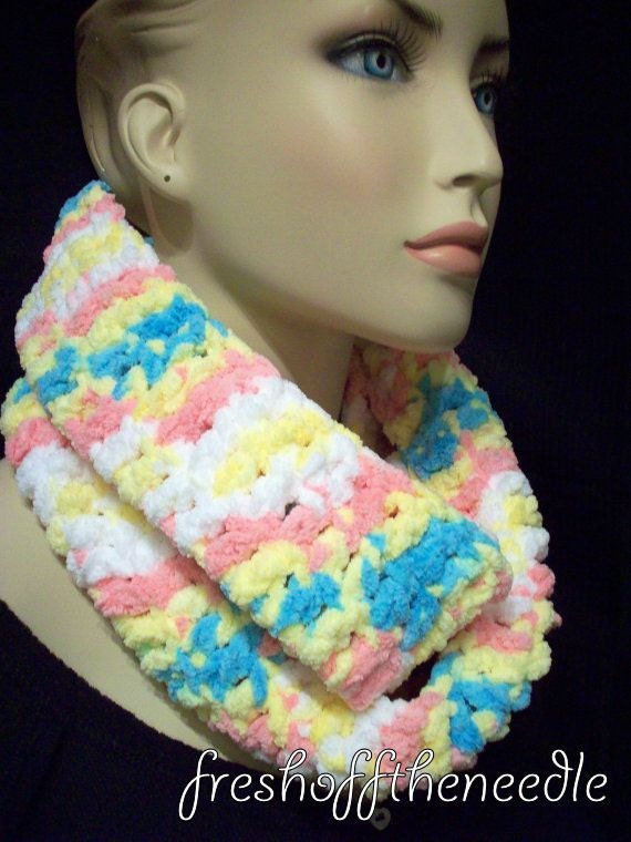 Pink Blue White and Yellow Girls Chunky Soft Fluffy Infinity Scarf