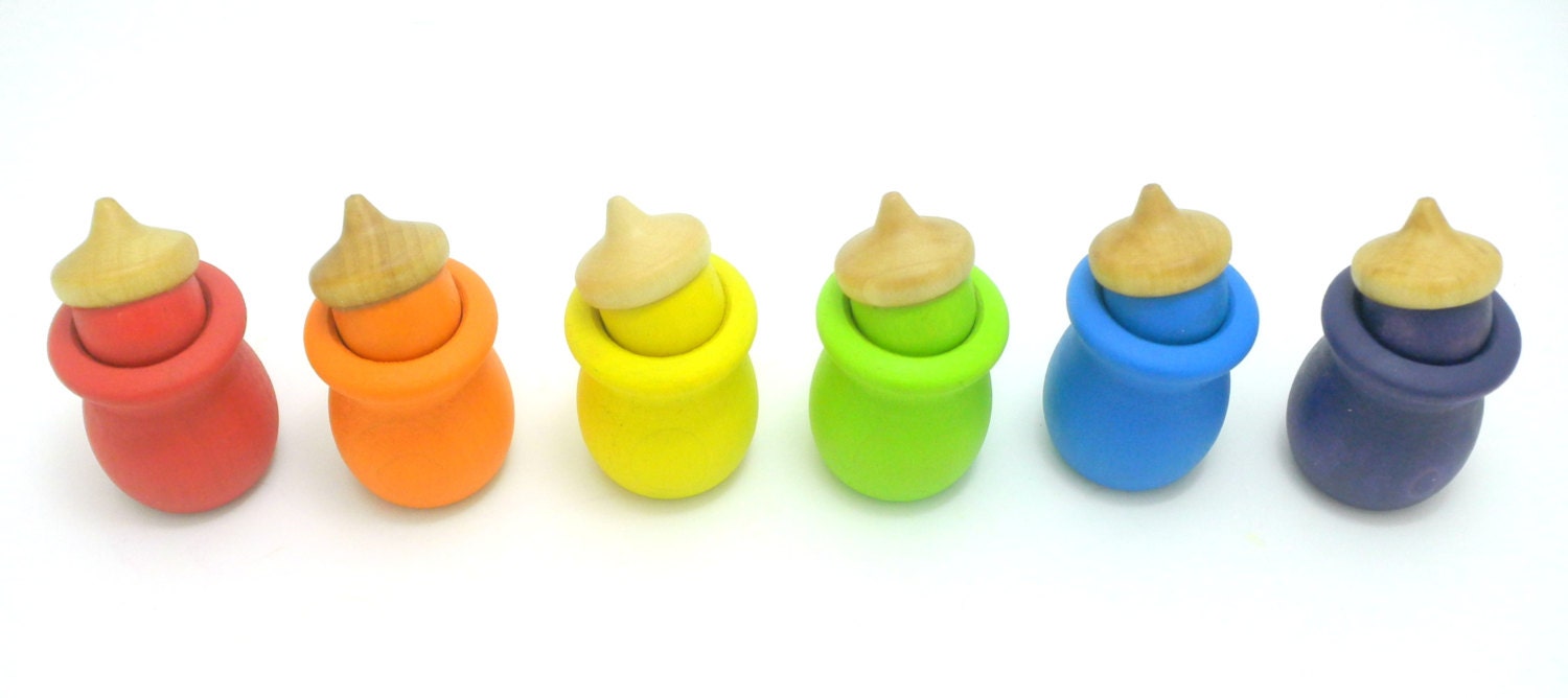 Set of 6, Bright Rainbow Acorn and Bean Pot Color Sorting Learning Toy, inspired by Montessori & Waldorf teaching principles - Miini Moh