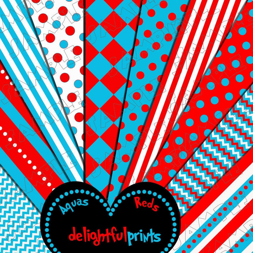 Reds and Aquas digital paper set INSTANT DOWNLOAD 10 sheets by delightfulprints
