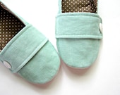 Women's Slippers - Mint Green Cotton Corduroy with Brown and White Polka Dotted Lining