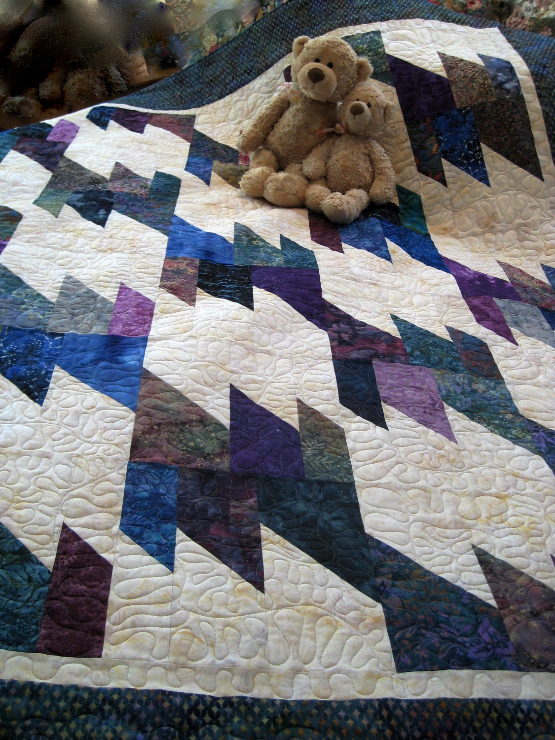 Lap Quilt  Blue Green Purple  Wall Hanging Throw Cottage Chic