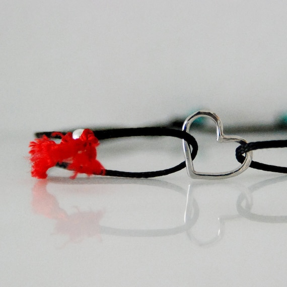 Buy cute gifts for girlfriends - Silver heart bracelet  on black cord, red silk bow,  cute girlfriend gift