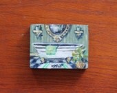 Green Bathroom White  Bathtub mini original painting on wood panel 3 x 4 ''