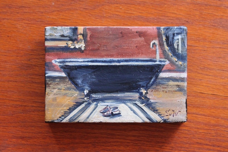 Bathroom Interior With Bathtub mini original painting on stretched canvas 4 x 6''