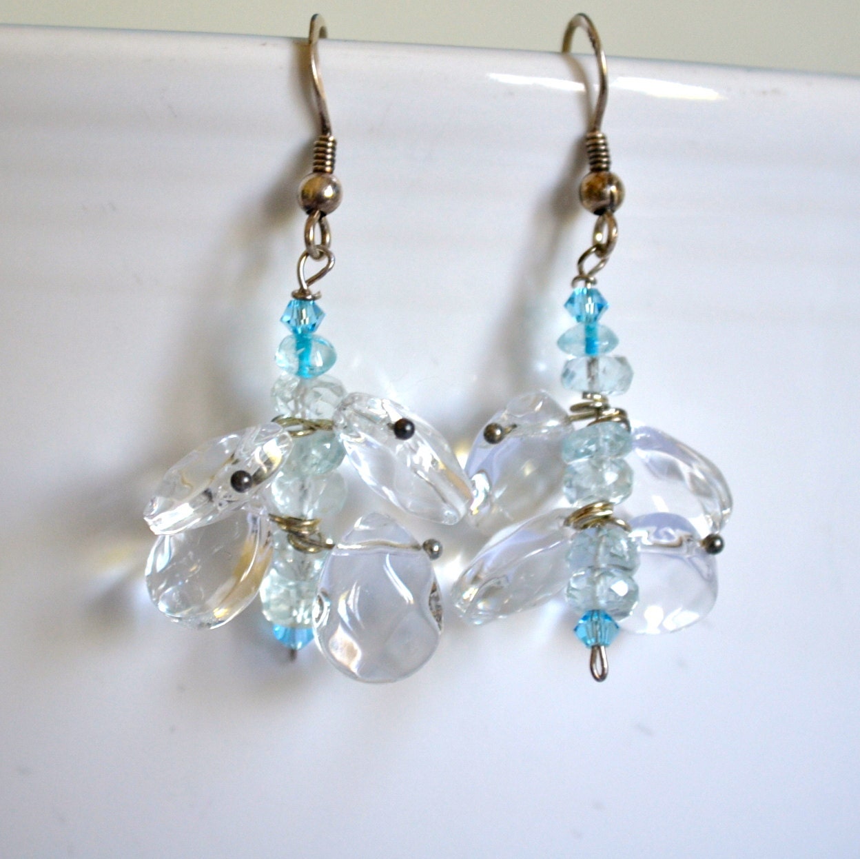 Aqua Marine Earrings, Tear Drop Shape, Clear Glass, Silver Tone, Made in the USA, Item No. De198