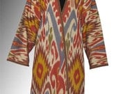 Uzbek national traditional clothes silk cotton ikat adras chapan robe dress