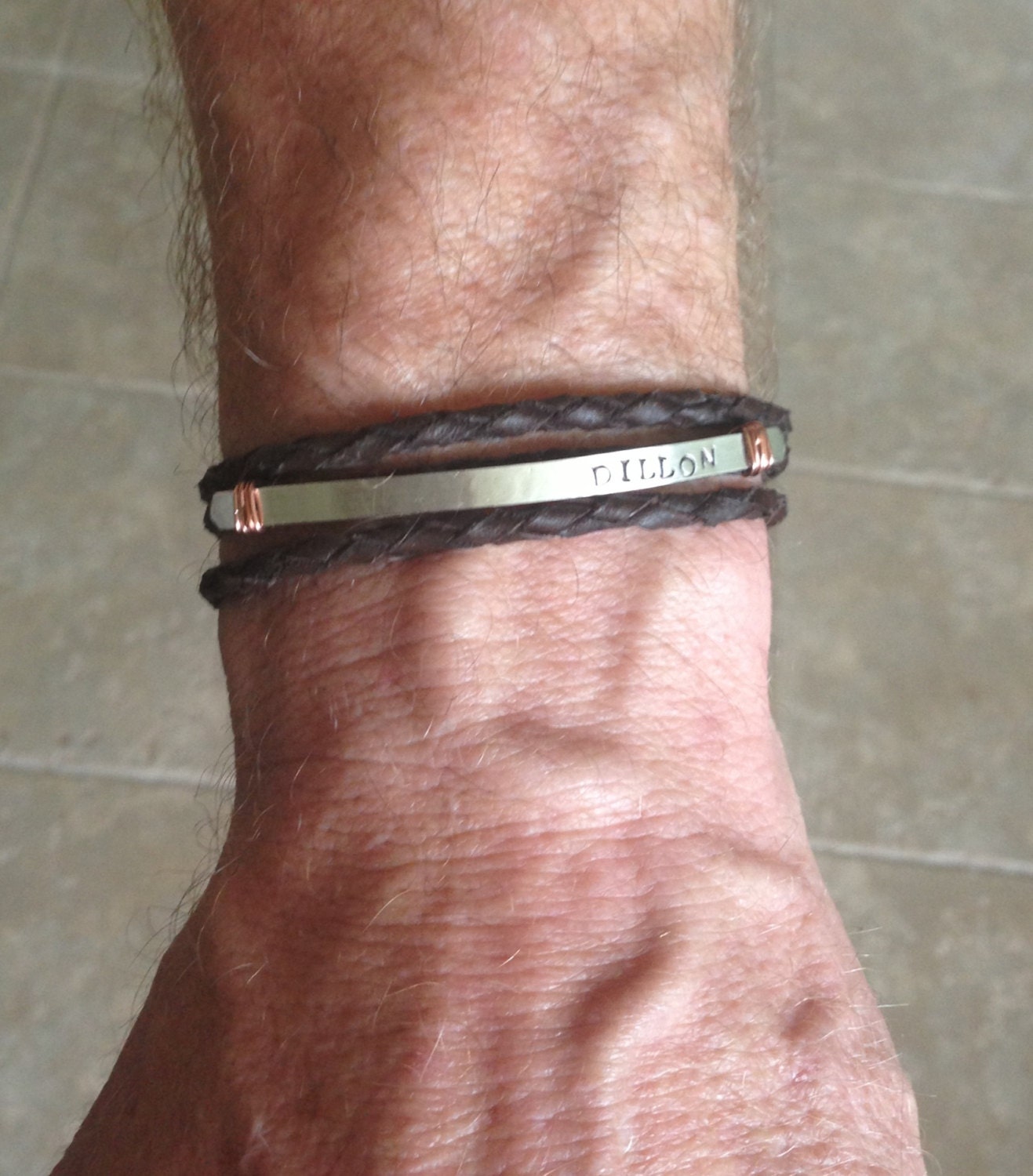 Fathers Day Gift. Men's Custom Triple Band Silver Braided Leather Bracelet. Magnetic Closure. Secret Message. Rustic. Reclaimed Silver.