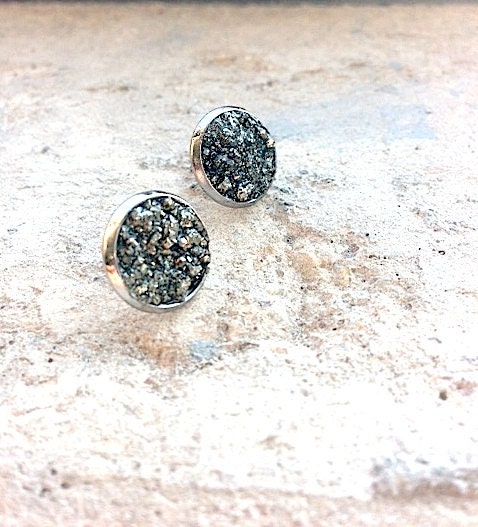 Genuine Pyrite Druzy Cluster Earrings - Pyrite Post Earrings - Pyrite Stud Earrings - Fools Gold - Regular