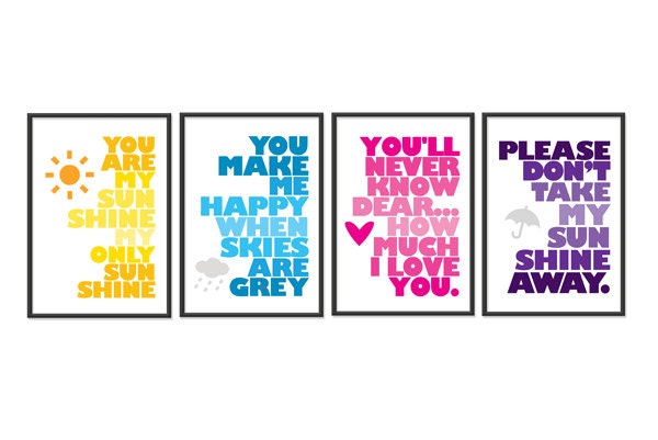 You are my sunshine - Set of four 13x19 Prints - Yellow - Blue - Pink - Purple